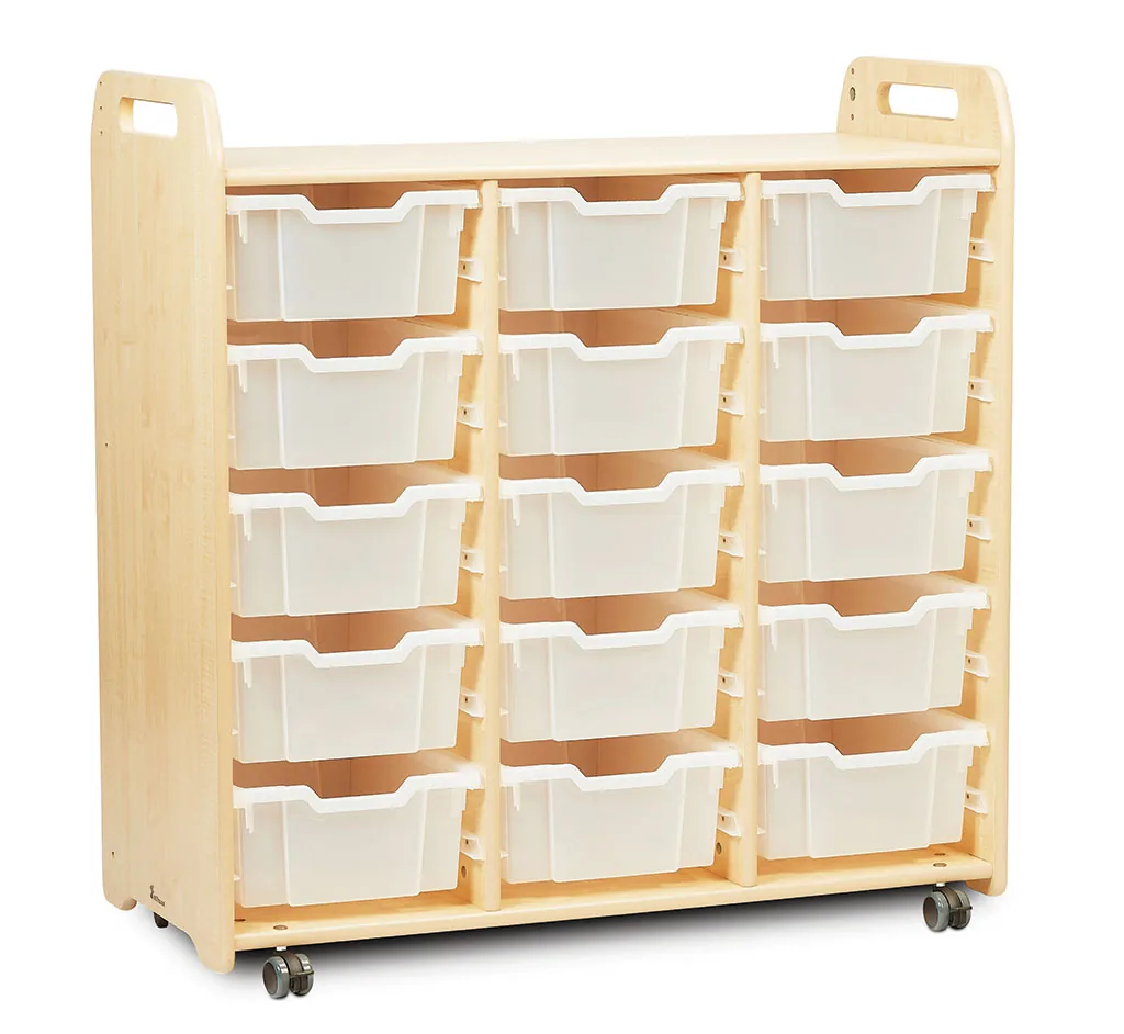 Tablettaufbewahrungseinheit (3 Spalten, 1080 mm Höhe) mit 15 tiefen Tabletts — Millhouse Lernspielzeug Schule Tablettaufbewahrungseinheit (3 Spalten, 1080 mm Höhe) mit 15 tiefen Tabletts — Millhouse Lernspielzeug Schule