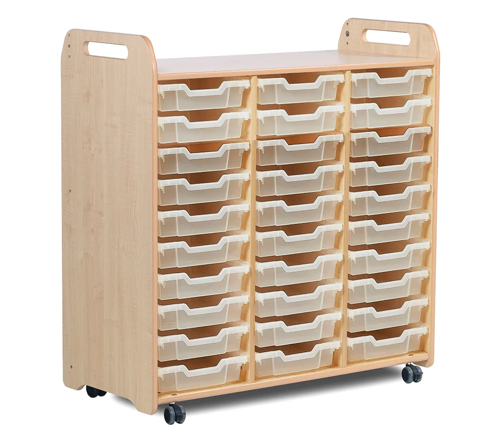 Tablettaufbewahrungseinheit (3 Spalten, 1080 mm Höhe) mit 30 flachen Tabletts — Millhouse Lernspielzeug Schule Tablettaufbewahrungseinheit (3 Spalten, 1080 mm Höhe) mit 30 flachen Tabletts — Millhouse Lernspielzeug Schule