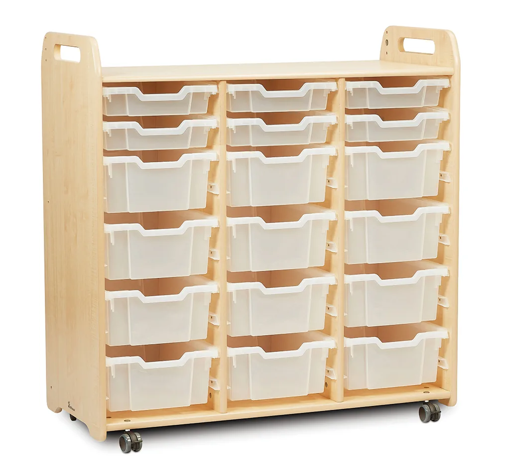 Tablettaufbewahrungseinheit (3 Spalten, 1080 mm Höhe) mit 6 flachen und 12 tiefen Tabletts — Millhouse Lernspielzeug Schule Tablettaufbewahrungseinheit (3 Spalten, 1080 mm Höhe) mit 6 flachen und 12 tiefen Tabletts — Millhouse Lernspielzeug Schule