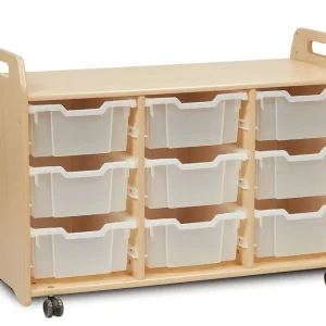 Tablettaufbewahrungseinheit (3 Spalten, 730 mm Höhe) mit 9 tiefen Tabletts — Millhouse Lernspielzeug Schule
