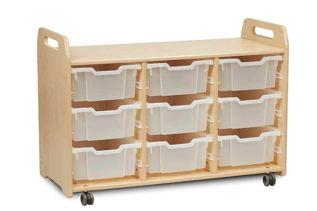 Tablettaufbewahrungseinheit (3 Spalten, 730 mm Höhe) mit 9 tiefen Tabletts — Millhouse Lernspielzeug Schule
