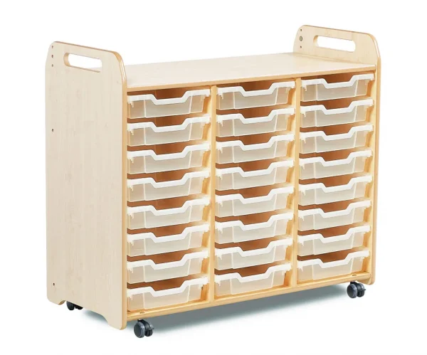 Tablettaufbewahrungseinheit (3 Spalten, 900 mm Höhe) mit 24 flachen Tabletts — Millhouse Lernspielzeug Schule