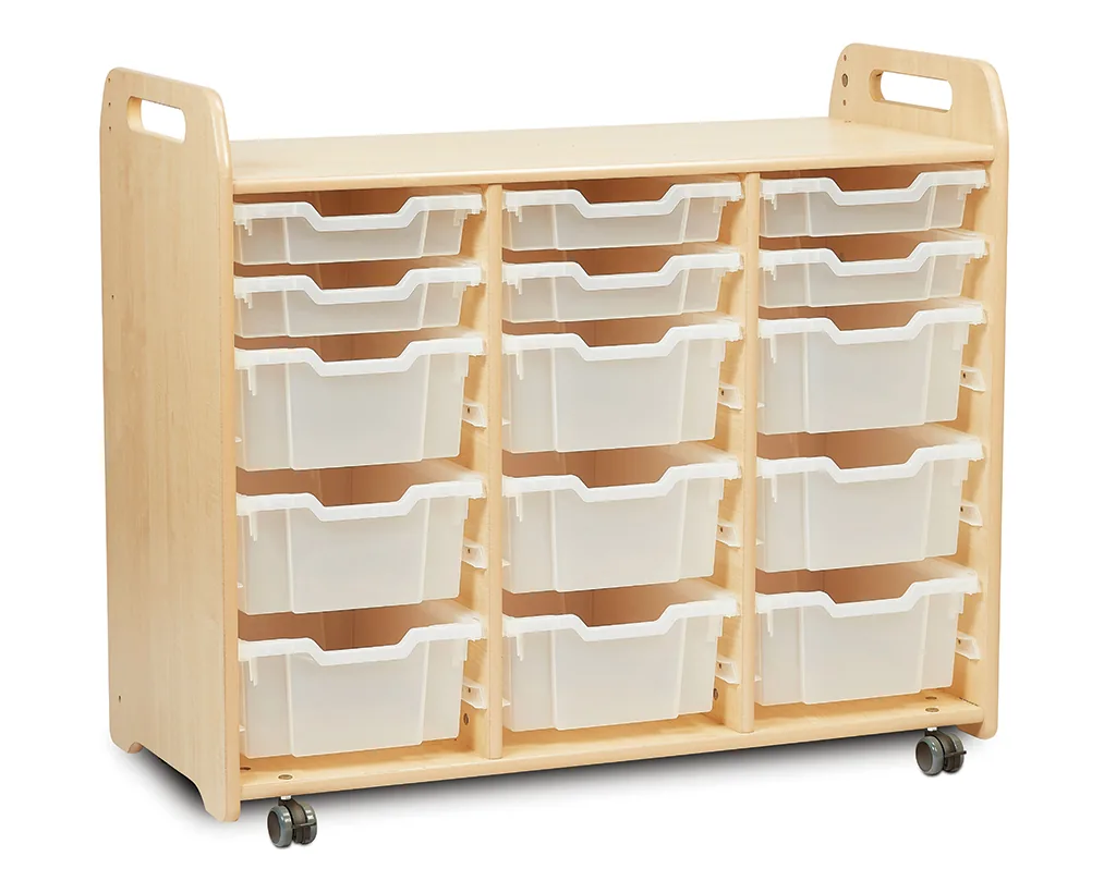 Tablettaufbewahrungseinheit (3 Spalten, 900 mm Höhe) mit 6 flachen und 9 tiefen Tabletts — Millhouse Lernspielzeug Schule Tablettaufbewahrungseinheit (3 Spalten, 900 mm Höhe) mit 6 flachen und 9 tiefen Tabletts — Millhouse Lernspielzeug Schule