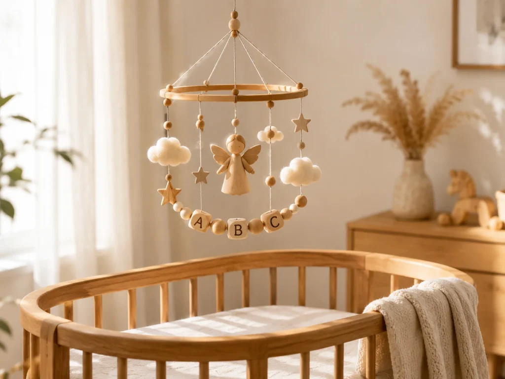 Selbst gebasteltes Mobile mit Namen über einer Babywiege, weiches Licht, beruhigende Atmosphäre.