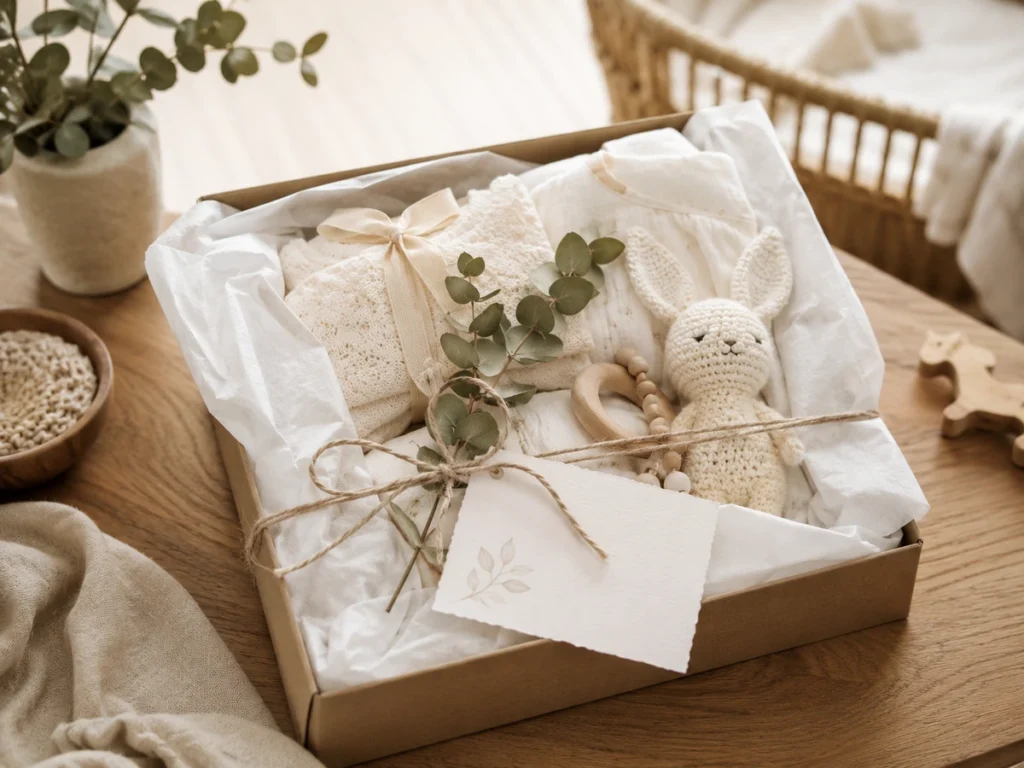 Geschenk in Seidenpapier mit handgeschriebener Karte und Eukalyptus-Zweig, fertig zum Überreichen.