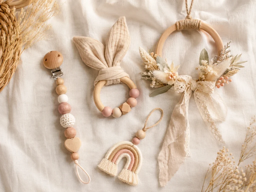 Mehrere Tauf-DIY-Geschenke im Überblick: Kette, Greifling, Türkranz, kleiner Anhänger. Pastell und natur.