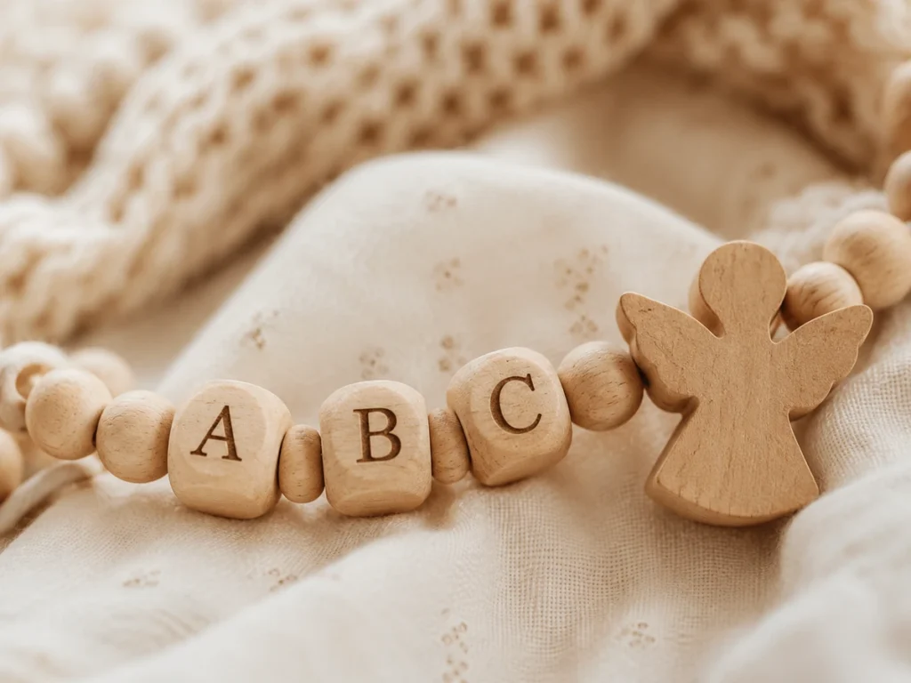 Detailaufnahme der Buchstabenperlen mit einem Babynamen, dazwischen Naturperlen und ein kleiner Engel.