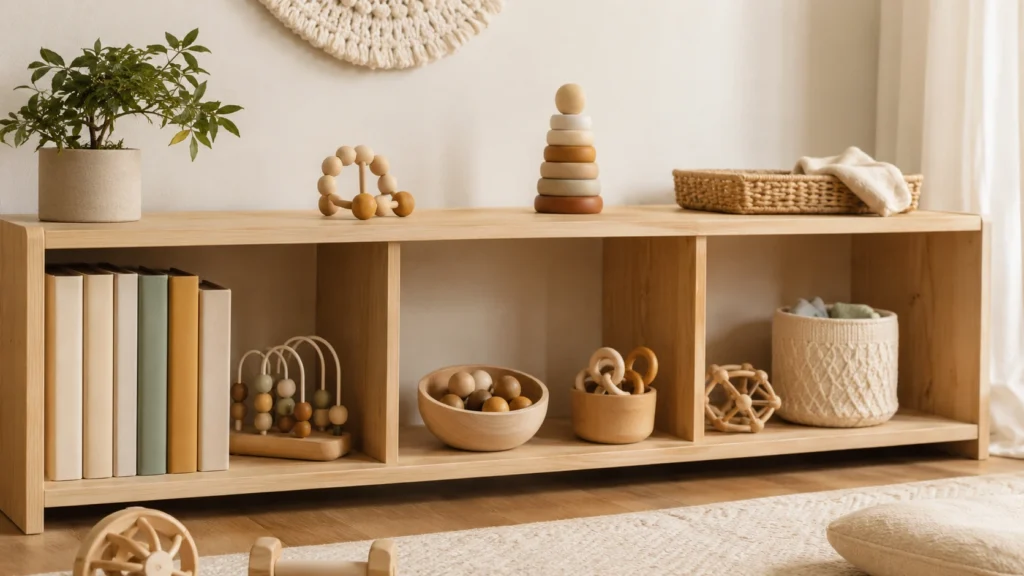 Offenes Krippenregal mit Greiflingen, Holzperlen-Sets, Stapelturm und Bilderbüchern auf Kinderhöhe.