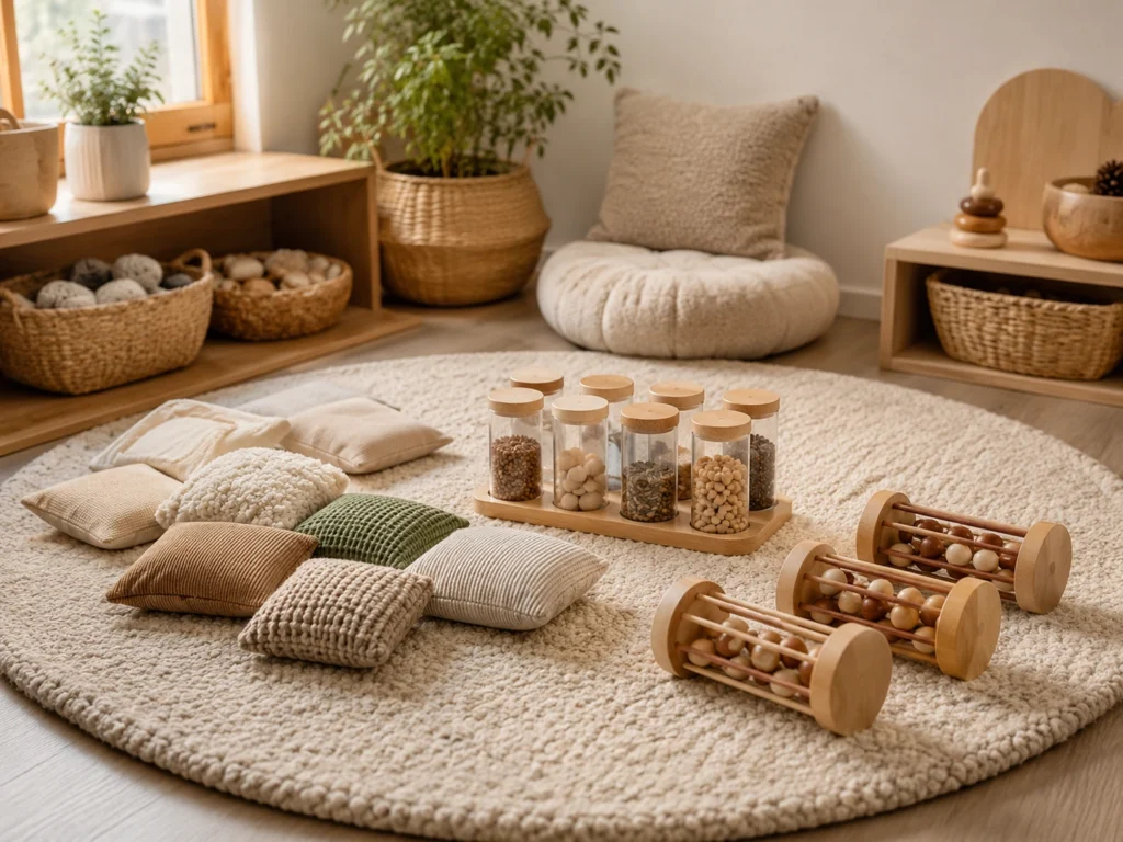Tastsäckchen, Geräuschdosen, Holzperlen-Schüttsets in einer ruhigen Ecke der Krippe.