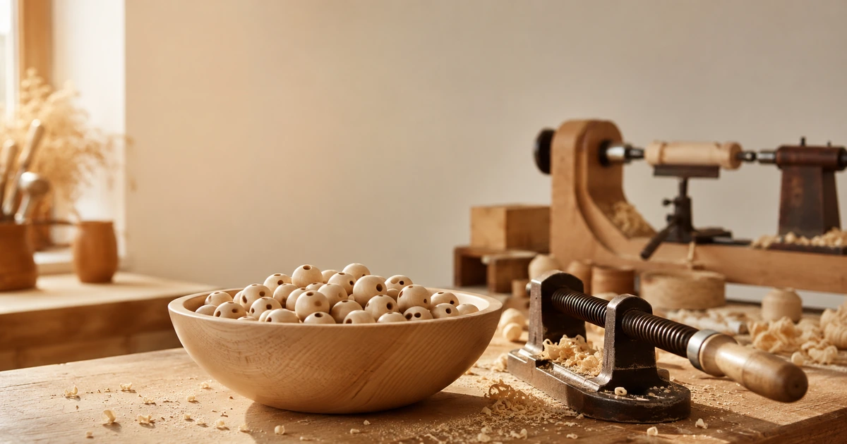 Holzschale mit fertigen Naturholz-Perlen aus Ahorn in einer deutschen Drechselei-Werkstatt — Handwerks-Atmosphäre mit Werkzeug und Holzspänen.