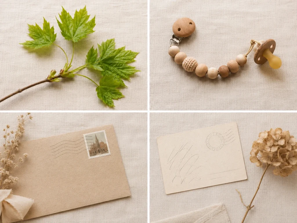 Flatlay-Komposition der Kiki-Ena Brand-Werte: Ahorn-Zweig (Nachhaltigkeit), Schnullerkette mit Sicherheitsperle (Sicherheit), Brief-Umschlag (Made in Germany), handgeschriebene Postkarte (persönlich) — auf creme Naturleinen.