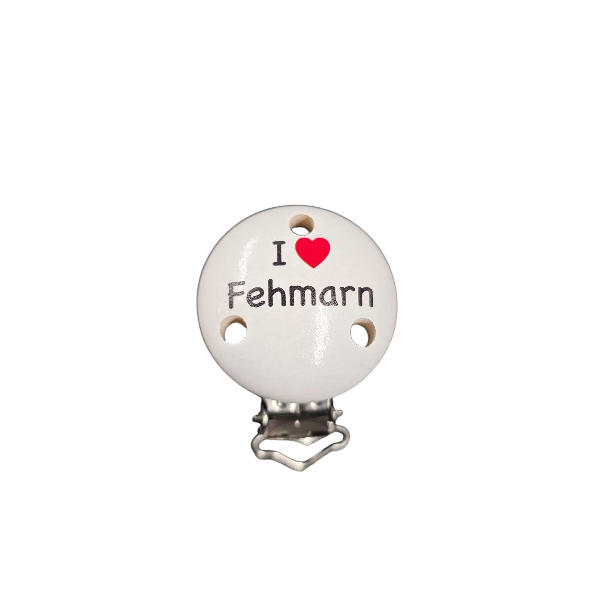 Schnullerclip "I ♥ Fehmarn" Rot — Kiki-Ena Bastelmaterial Naturholz