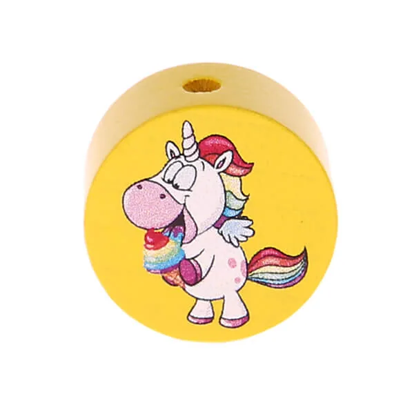 Motivperle Scheibe Einhorn Gelb — Kiki-Ena Bastelmaterial Naturholz