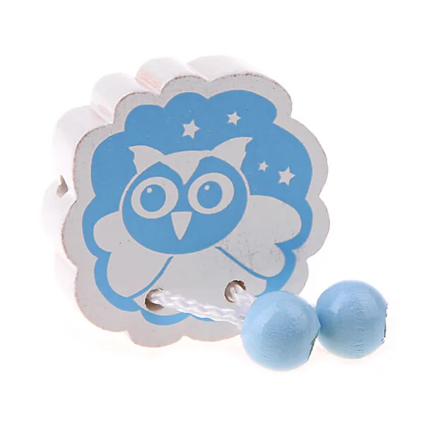 Motivperle Fädelfigur Eule babyblau — Kiki-Ena Bastelmaterial Naturholz