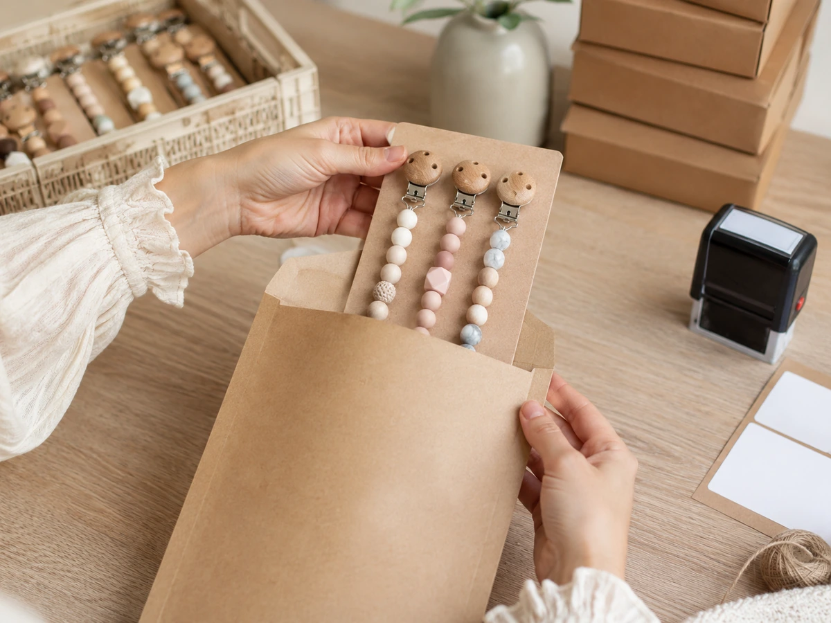 Verkäuferin packt Schnullerketten in Kraftpapier-Versandtasche mit Etiketten — Kiki-Ena Großhandel