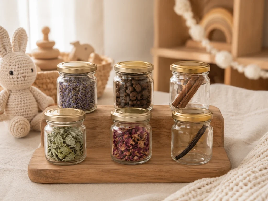 Sechs Marmeladengläser auf Holzbrett, jeweils mit unterschiedlichem Inhalt (Lavendel, Kaffee, Zimt etc.).