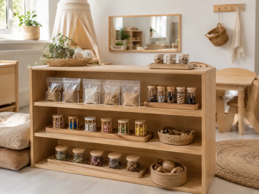 Übersicht der sensorischen Ecke mit Material auf offenem Regal in Kinderhöhe.