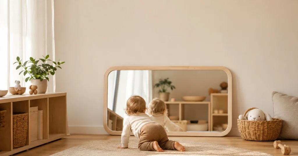 Galaxy Mirror Maple in einer Krippen-Ecke, Kind (nur Hinterkopf) krabbelt davor.