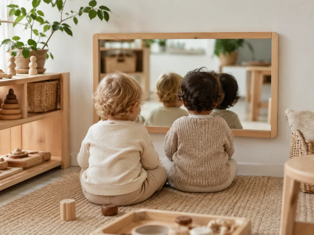 Zwei Kinder (nur Hinterköpfe) beobachten sich gegenseitig im Spiegel.