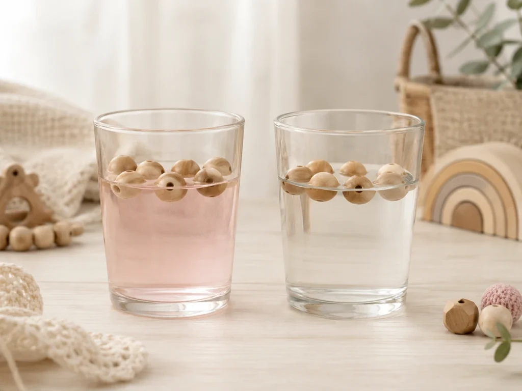 Glas mit Wasser und schwimmenden Holzperlen. Eine Charge zeigt leichte rosa Verfärbung des Wassers, die andere bleibt klar. Vergleichsbild nebeneinander.