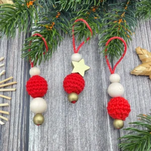 Weihnachtsanhänger Häkelperle 3er Bastelset – rot-gold