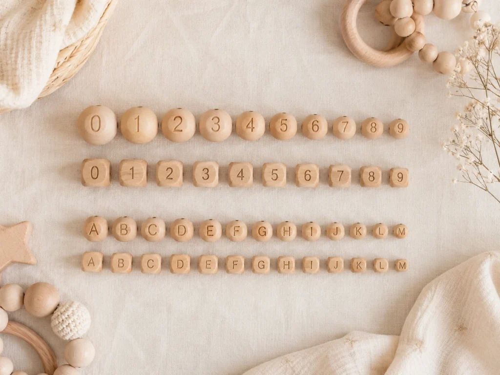 Holzperlen mit Zahlen und Buchstaben in Reih und Glied, sortiert nach Größe. Klar und inspirierend.