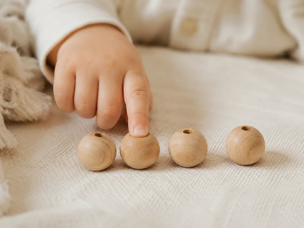Kinderhand tippt mit dem Finger auf vier Holzperlen und zählt sie eine nach der anderen.
