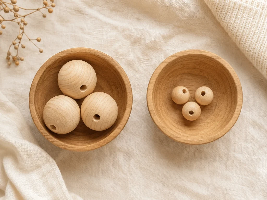 Zwei Schalen — links 3 große Holzperlen, rechts 3 kleine. Visuelle Demonstration von Mengeninvarianz.