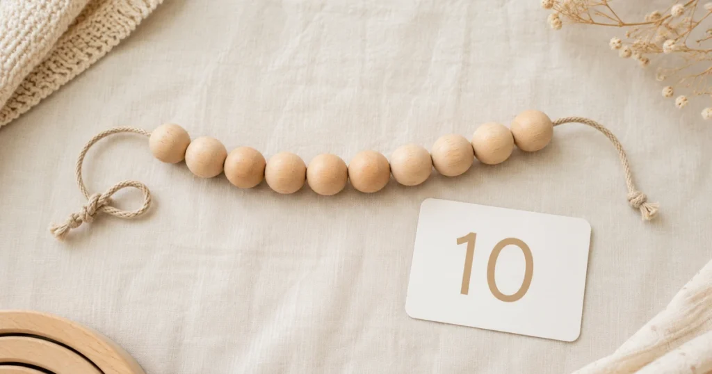 Zehn Holzperlen aufgefädelt auf Schnur, daneben Karte mit Ziffer „10".
