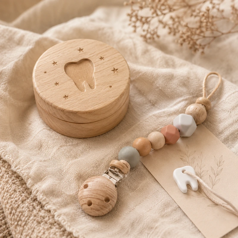 Handgemachte Milchzahndose aus Naturholz mit Sternchen-Motiv und Schnullerkette in Pastell — Geschenkidee für Kinder-Zahnarztpraxen.
